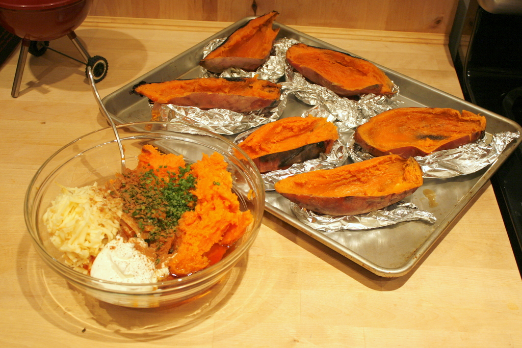 Double Stuffed Sweet Potatoes With Smoked Cheddar And Maple Grilling